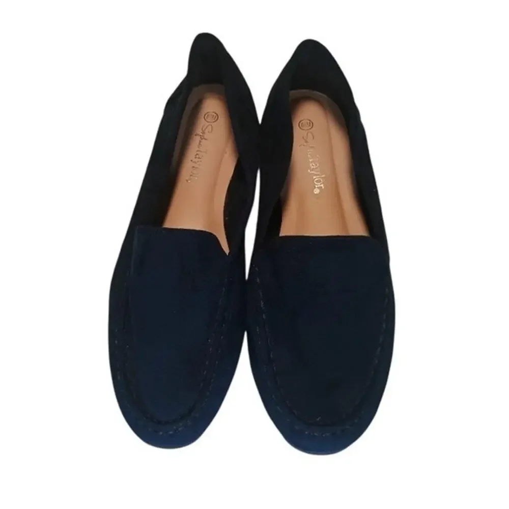 Sophia Taylor, Navy Blue microsuede slip on flats loafers, women’s 8.5m New